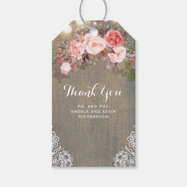 Rosa Blume und rustikale Holzhochzeit Geschenkanhänger (Vorderseite)