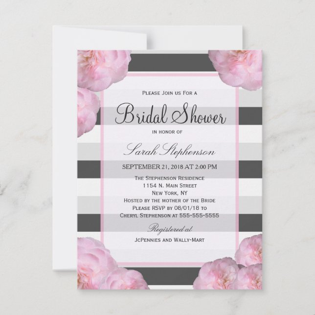 Rosa Blume und schwarze, graue und weiße Streifen Einladung (Vorderseite)