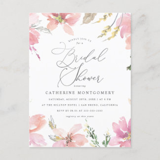 Rosa Blume und Silver-Script-Brautparty Einladungspostkarte