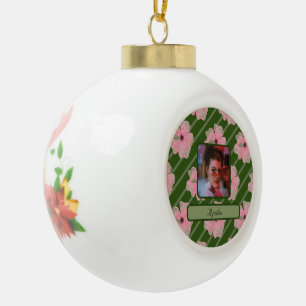 Rosa Blume und Streifen Personalisiert Keramik Kugel-Ornament