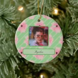Rosa Blume und Streifen Personalisiert Keramik Ornament