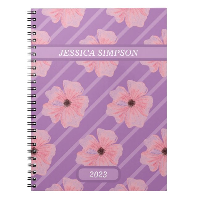 Rosa Blume und Streifen Personalisiertes Notebook Notizblock (Vorderseite)