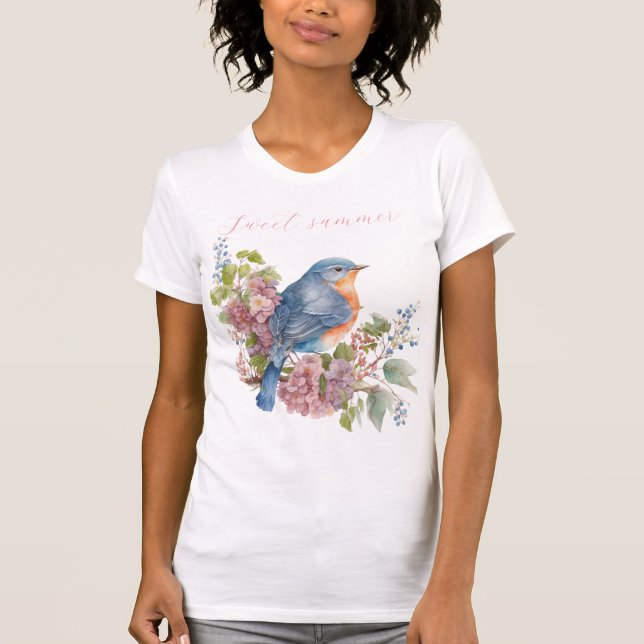 Rosa Blume und T - Shirt für Blauvogelfrauen (Vorderseite)