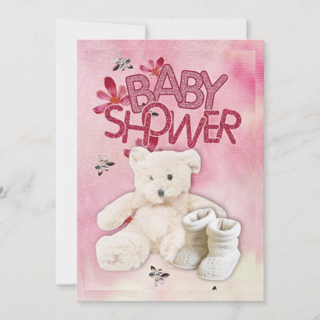 Rosa Blume und Teddybär Babydusche Einladung (Vorderseite)