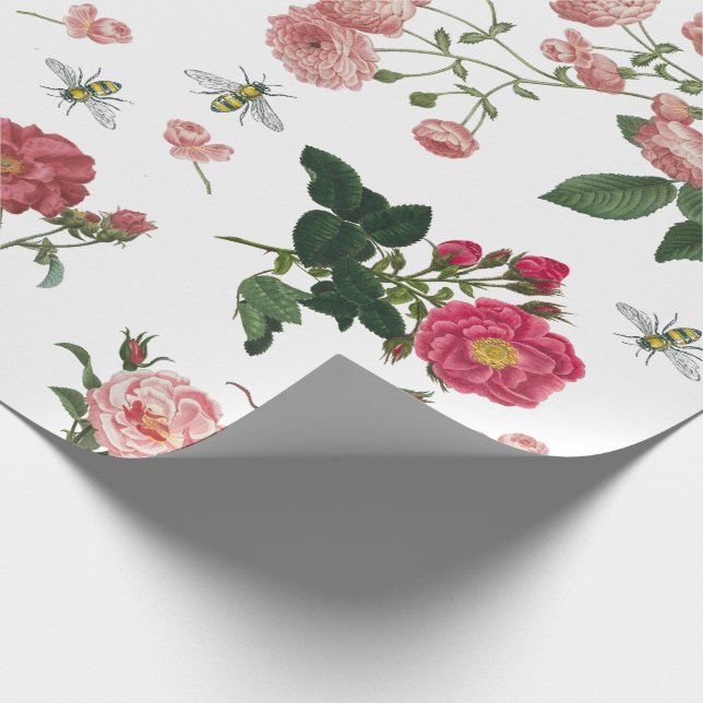 Rosa Blume und Vintage Bienen Geschenkpapier (Ecke)