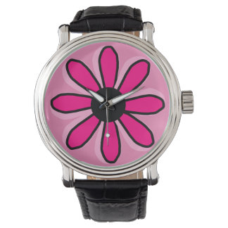 Rosa Blume Vintager Lederriemen Schwarz Armbanduhr