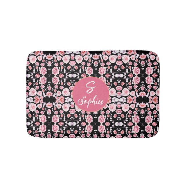Rosa Blume Vintages Muster | Custom Monogram Badematte (Vorderseite)