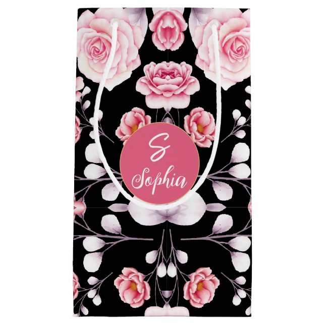 Rosa Blume Vintages Muster | Custom Monogram Kleine Geschenktüte (Vorderseite)
