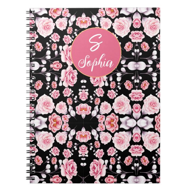 Rosa Blume Vintages Muster | Custom Monogram Notizblock (Vorderseite)