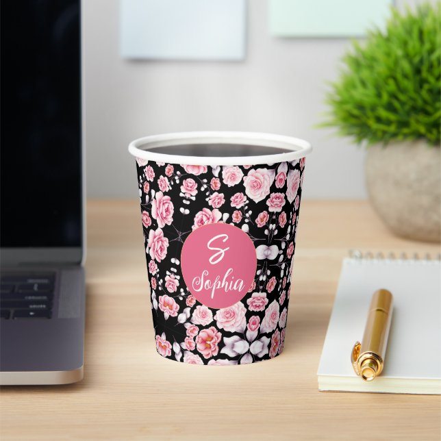 Rosa Blume Vintages Muster | Custom Monogram Pappbecher (InSitu)