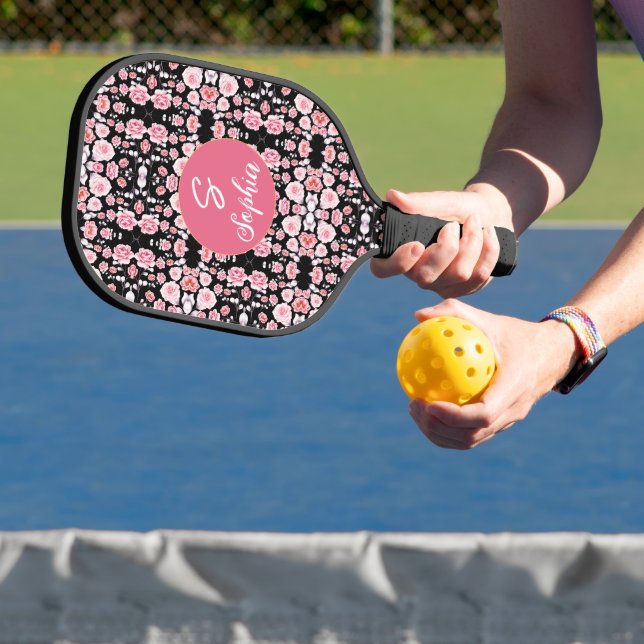 Rosa Blume Vintages Muster | Custom Monogram Pickleball Schläger (InSitu)