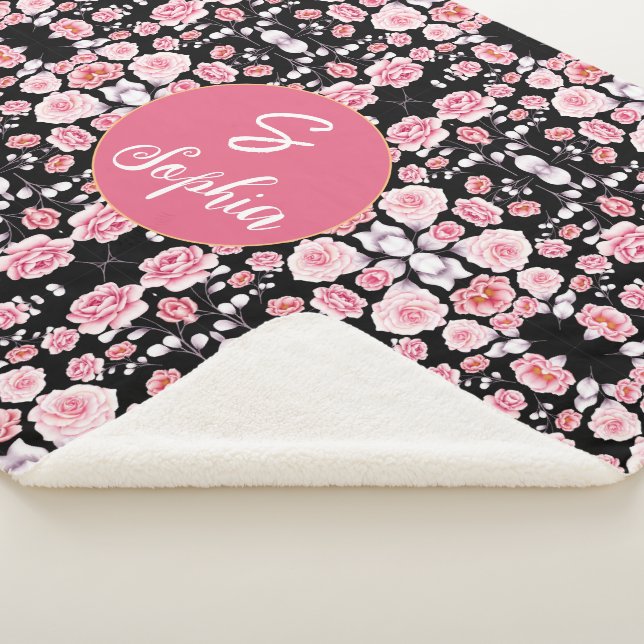 Rosa Blume Vintages Muster | Custom Monogram Sherpadecke (3/4)