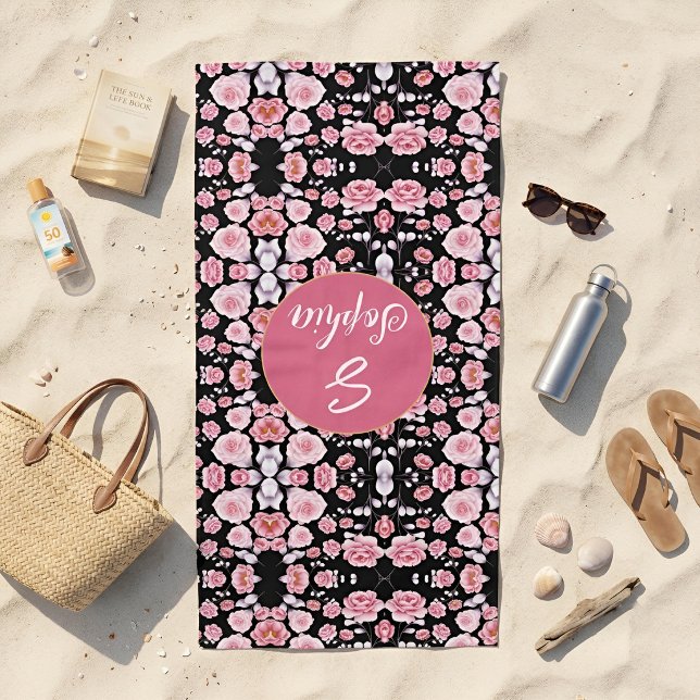 Rosa Blume Vintages Muster | Custom Monogram Strandtuch (Von Creator hochgeladen)