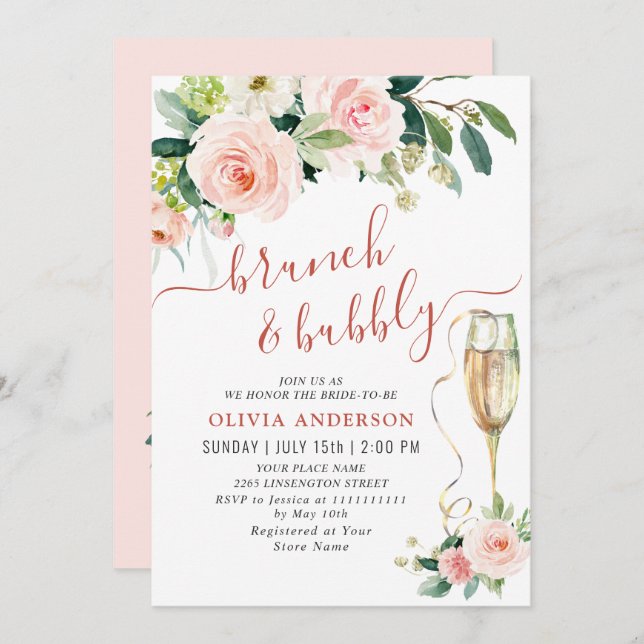 Rosa Blume Wasserfarbe Bridal Brunch Einladung (Vorne/Hinten)
