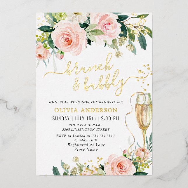 Rosa Blume Wasserfarbe Bridal Brunch Gold Folieneinladung (Vorderseite)