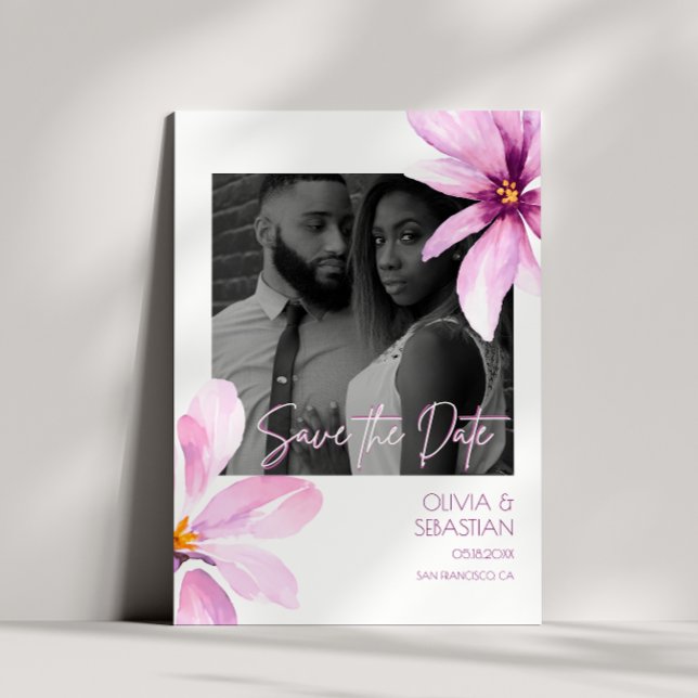 Rosa Blume Wasserfarbe Schwarz-weißes Foto Hochzei Save The Date (Von Creator hochgeladen)