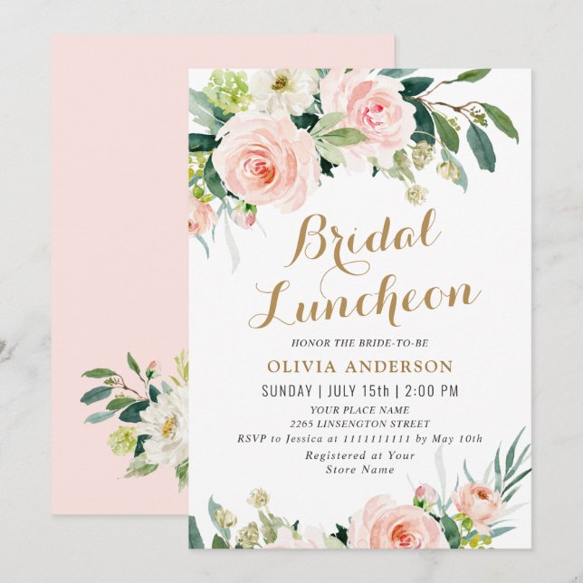 Rosa Blume Wasserfarben Bridal Luncheon Einladung (Vorne/Hinten)