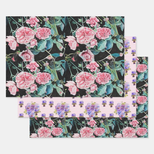 Rosa Blume Wasserfarbene Malerei Rose Geschenkpapier Set (Set)