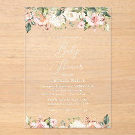 Rosa Blume, weiße Blume, Boho, Babydusche Acryleinladungen