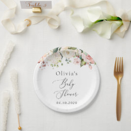 Rosa Blume, weiße Blume, Boho, Babydusche Pappteller