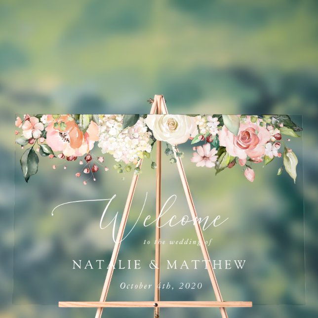 Rosa Blume, weiße Blume, Boho, Begrüßung Acrylschild (Neutral)