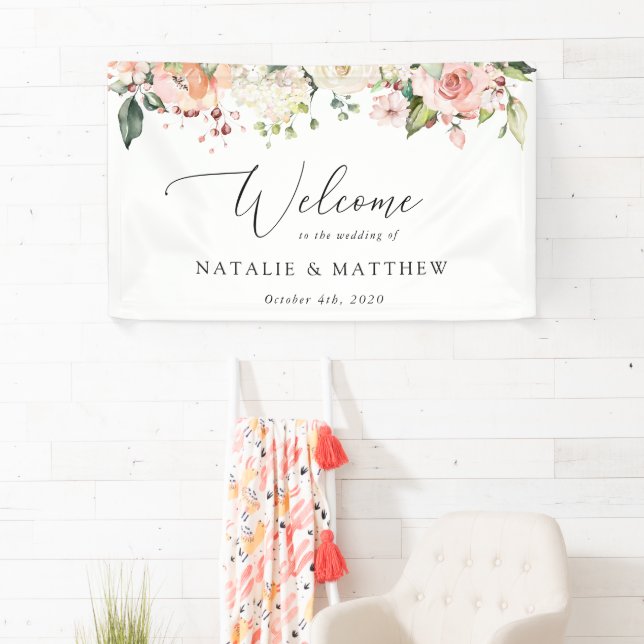 Rosa Blume, weiße Blume, Boho, Begrüßung Banner (Insitu)