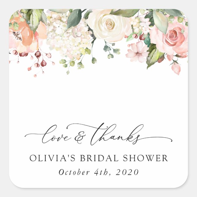 Rosa Blume, weiße Blume, Boho, Brautparty Quadratischer Aufkleber (Vorderseite)