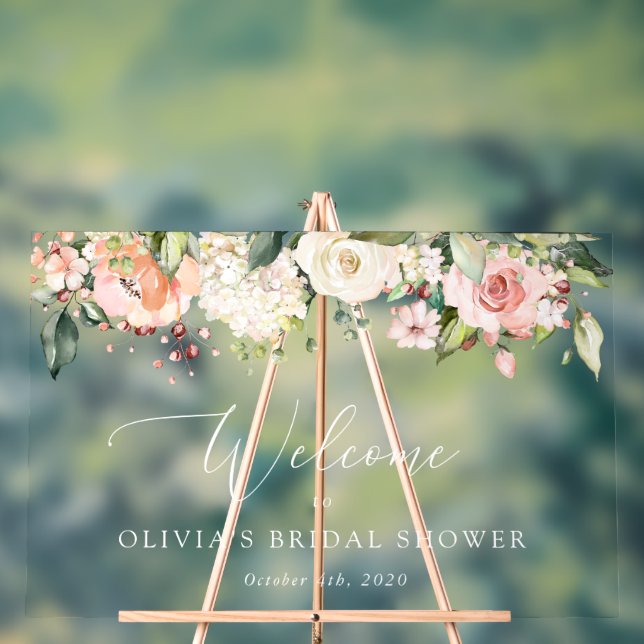 Rosa Blume, weiße Blume, Boho, Bridal Empfang Acrylschild (Neutral)