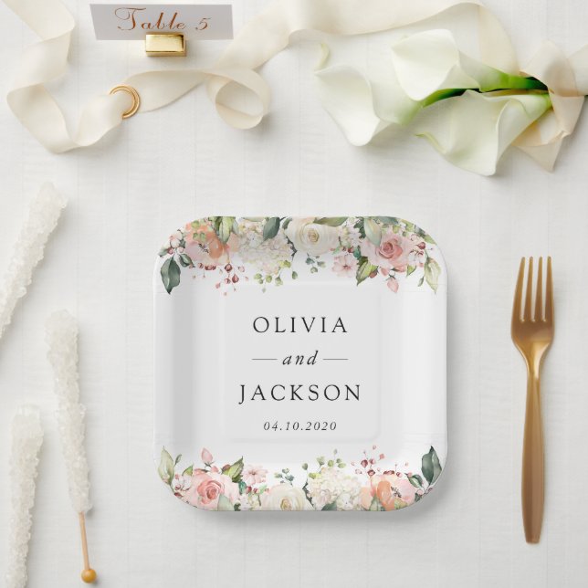 Rosa Blume, weiße Blume, Grünpflanzen, Hochzeit Pappteller (Hochzeit)