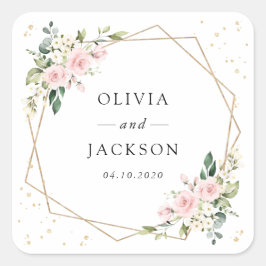 Rosa Blume, weiße Blume, Grünpflanzen, Hochzeit Quadratischer Aufkleber