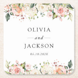 Rosa Blume, weiße Blume, Grünpflanzen, Hochzeit Rechteckiger Pappuntersetzer