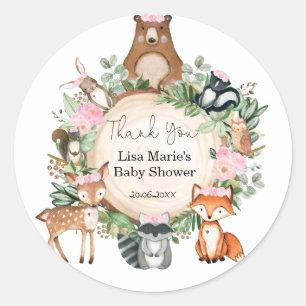 Rosa Blume Woodland Animals Baby Girl Dusche Runder Aufkleber