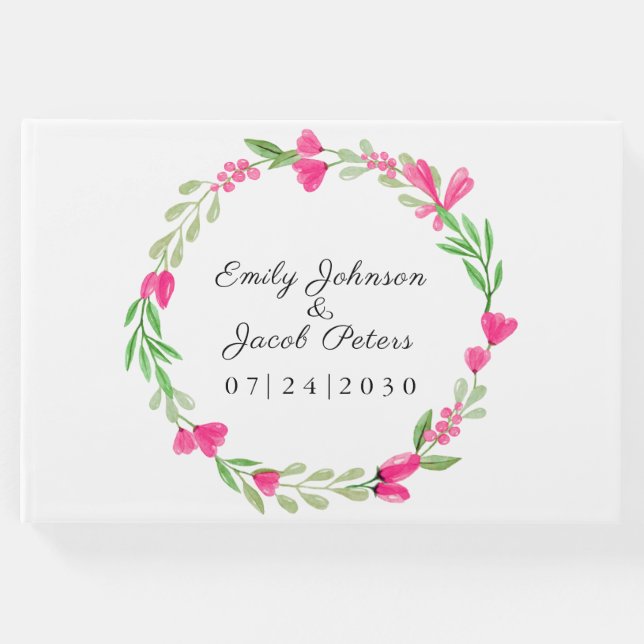 Rosa Blume Wreath Elegante Blumenzwiebelhochzeit Gästebuch (Vorderseite)
