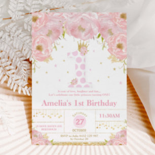 Rosa Blumen1. Geburtstags-Prinzessin Invitation Einladung