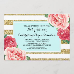 Rosa Blumen-Aqua-Gold Stripes Baby-Dusche Einladung