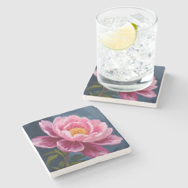 Rosa-Blumen-Aquarellmalerei Steinuntersetzer (Seitenansicht)