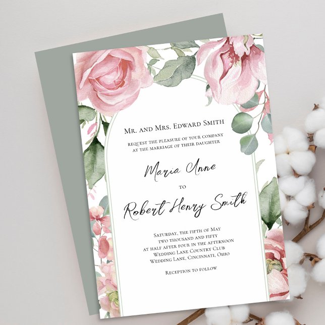 Rosa Blumen Arch Elegante Hochzeit Einladung (Elegant wedding invitations with blush pink flowers. )