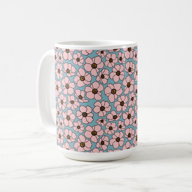 Rosa Blumen auf Blau   Kaffeetasse (Vorderseite Links)