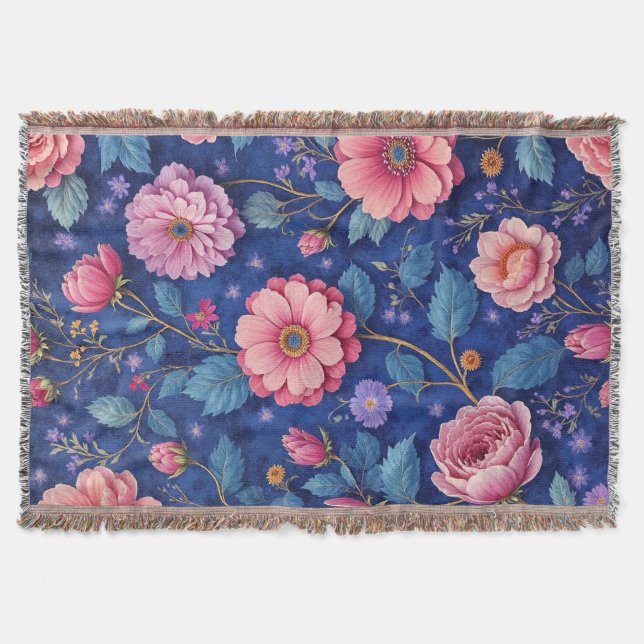 Rosa Blumen auf lebhaftem blauem Muster Decke (Vorderseite)