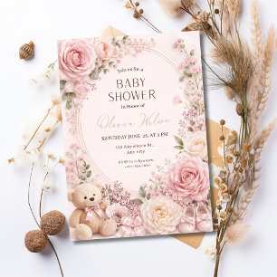 Rosa Blumen-Baby-Shower-Einladung für Mädchen Einladung