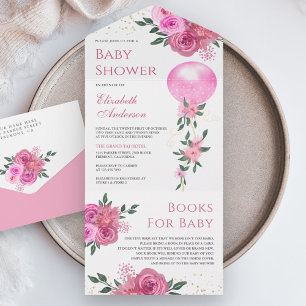 Rosa Blumen-Ballon-Mädchen-Baby-Party All In One Einladung