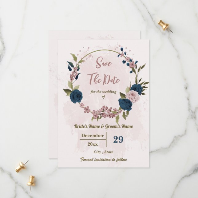 Rosa Blumen blauer Blumen botanische Hochzeit Save The Date (Vorderseite/Rückseite Beispiel)