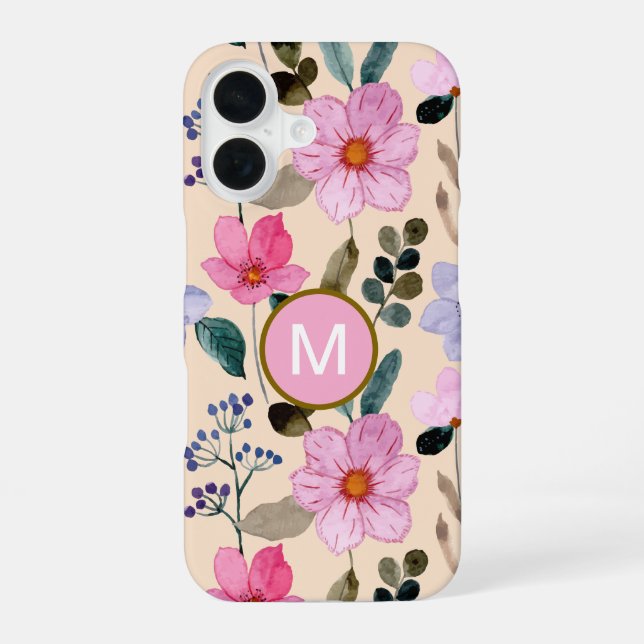 Rosa Blumen Boho Monogramm iPhone-Hülle iPhone 16 Hülle (Rückseite)