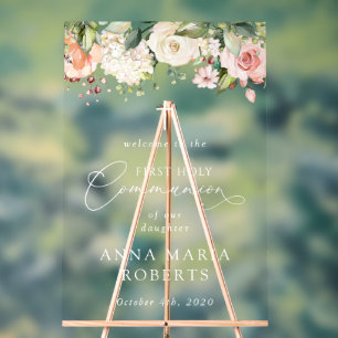 Rosa Blumen, Boho, Willkommen zur Erstkommunion Acrylschild
