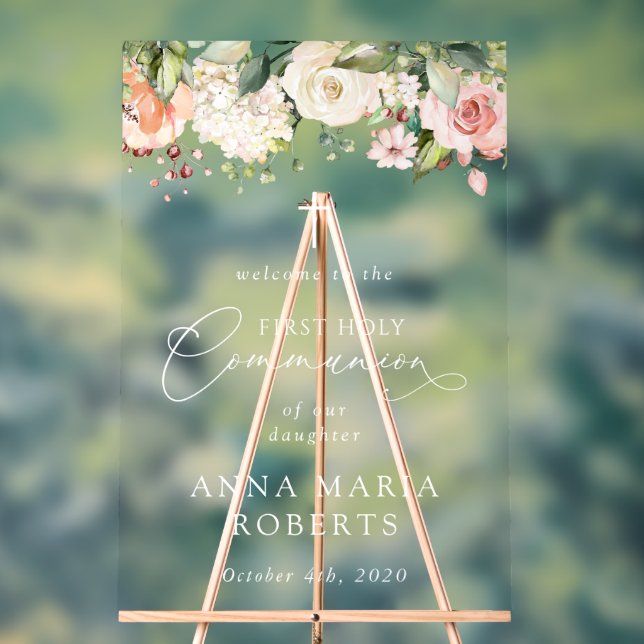Rosa Blumen, Boho, Willkommen zur Erstkommunion Acrylschild (Neutral)