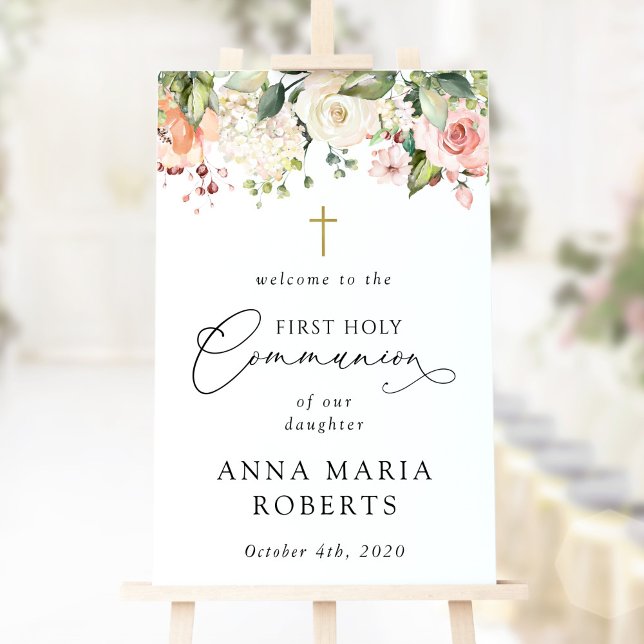 Rosa Blumen, Boho, Willkommen zur Erstkommunion Poster (Von Creator hochgeladen)