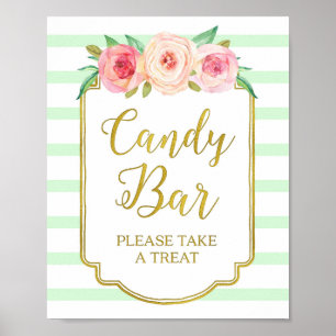 Rosa Blumen Candy Bar Schild Gold-Mint-Streifen