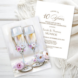 Rosa Blumen Champagnergläser 10. Hochzeitstag Einladung