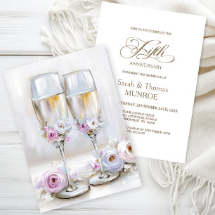 Rosa Blumen Champagnergläser 5. Hochzeitstag Einladung