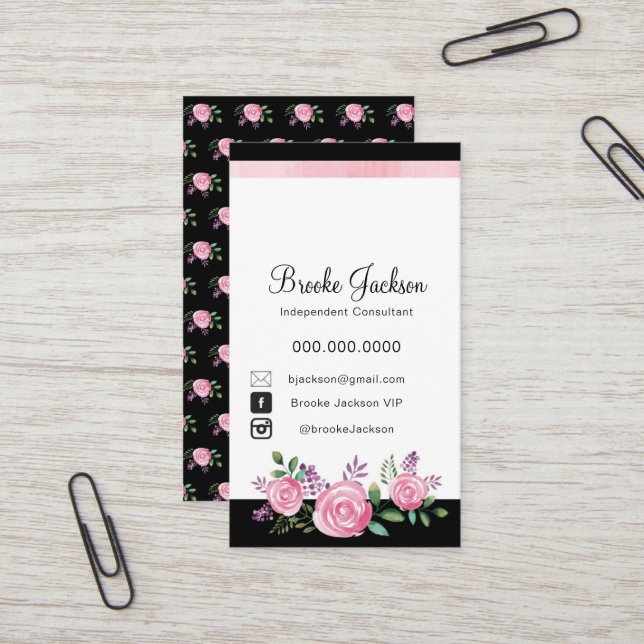 Rosa Blumen der Geschäfts-Karten-| mit schwarzem Visitenkarte (Vorderseite/Rückseite Beispiel)